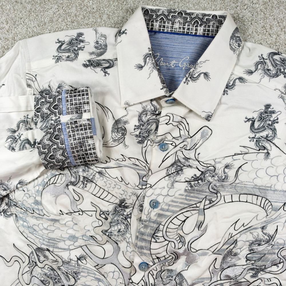 Robert Graham Button Down Shirt Mens M White Dragon Tiger Embroidered